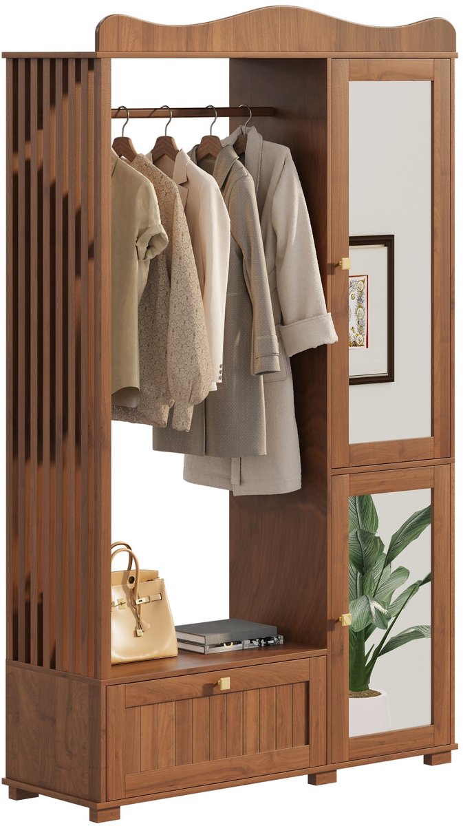 Clruro Kapstokkast - 115.5 × 38.5 × 194.5 cm - Met Spiegel - Open Kledingrek met Lade en 2 Deuren - Hout
