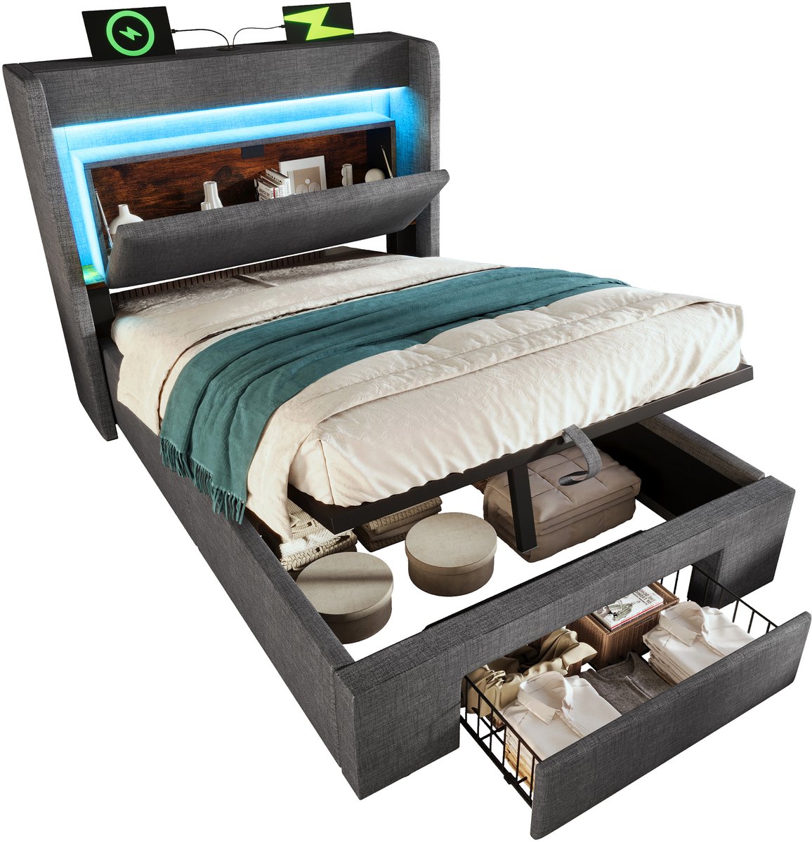 Merax 90x200 cm gestoffeerd bed met opbergruimte - met LED-verlichting en USB- en USB-C-aansluitingen - grijs - zonder matras