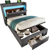 90x200 cm gestoffeerd bed met opbergruimte - met LED-verlichting en USB- en USB-C-aansluitingen - grijs - zonder matras