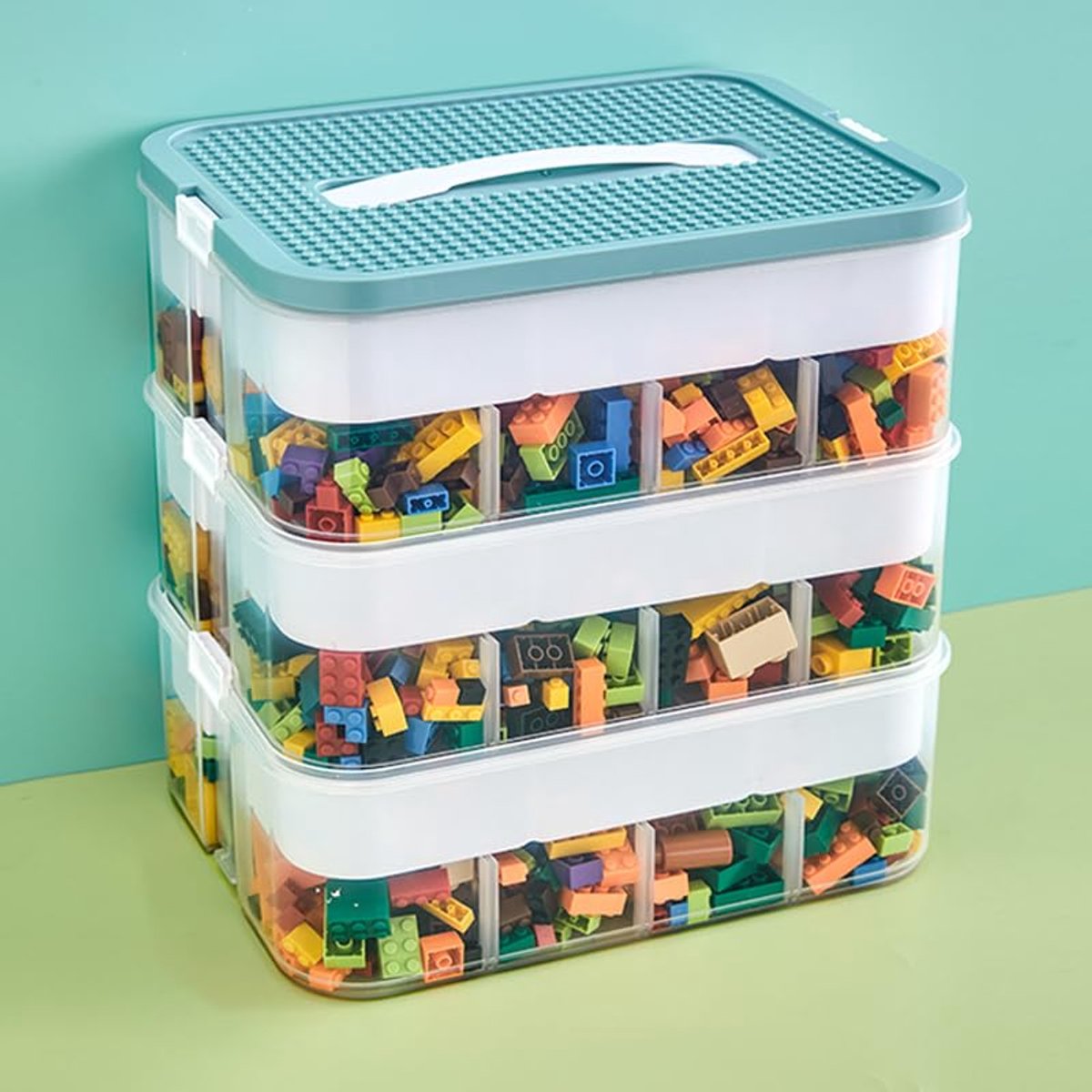 Stapelbare Opbergbox voor Speelgoed en Bouwstenen - 3 Lagen met Verstelbare Vakjes en Bouwplaat Deksel - Sorteerdoos met Handgreep - Transparant Blauw