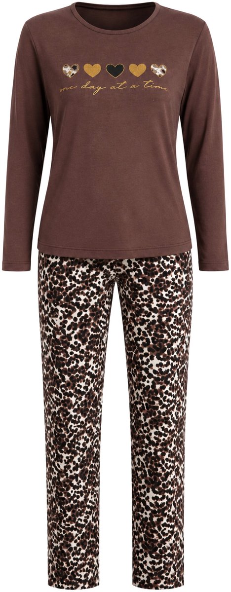 Gionettic Dames Pyjama Lange Mouwen en Lange Broek – Viscose – print – Zacht, Comfortabel en Ademend – Bruin