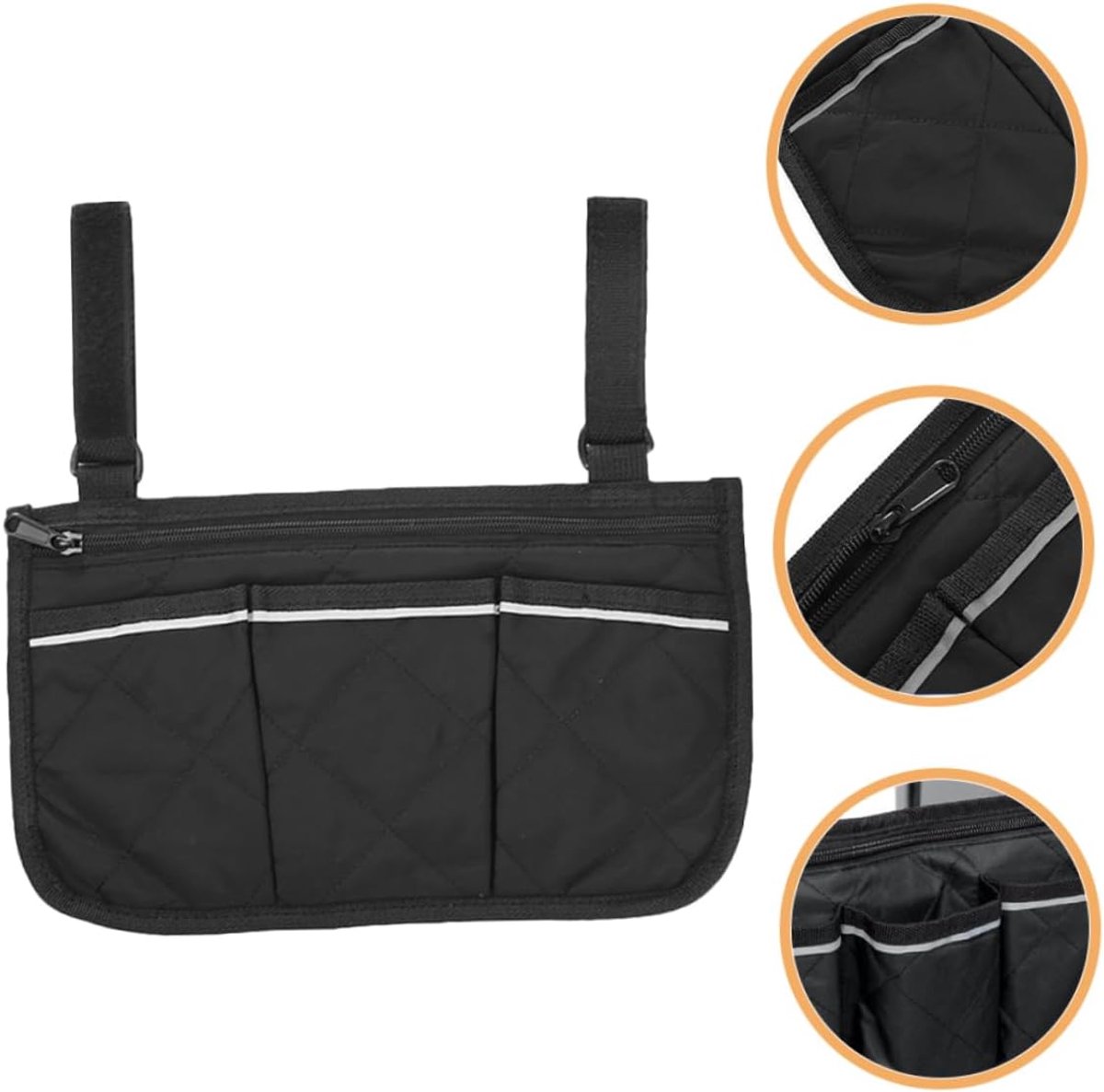 Rolstoeltas aan de zijkant - Rolstoeltas met Reflecterende Strips - Universele Zijtas voor Rolstoel en Rollator - Gewatteerde Armleuning Tas - met Ritsvak en 3 Buitenzakken - Verstelbare Opbergtas - voor Loopsmartphone en Waterfles - Zwart