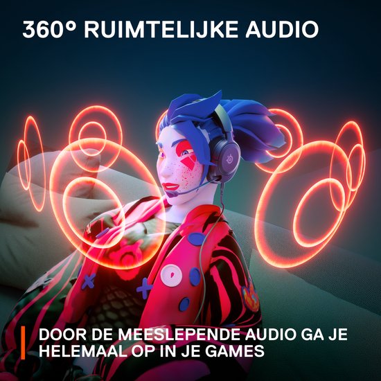 Vrouwelijk personage met een zwarte gaming headset die luistert naar virtuele geluidsgolven, wat 360° ruimtelijk geluid symboliseert.
