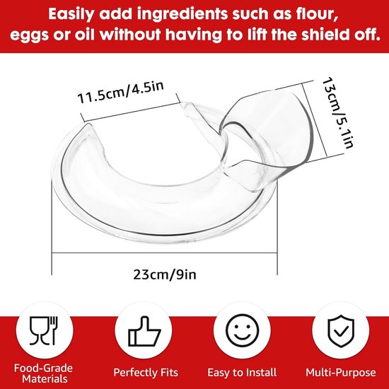 Schenkschild - Geschikt voor Keukenmixer 4.5-5 Quart - Transparante Spatkap - voor Kantelbare Kop Mixers - Duurzame Kunststof Spatbescherming - met Brede Vultrechter - Premium Mixer Accessoires voor RVS Kommen - Transparant — afbeelding 2