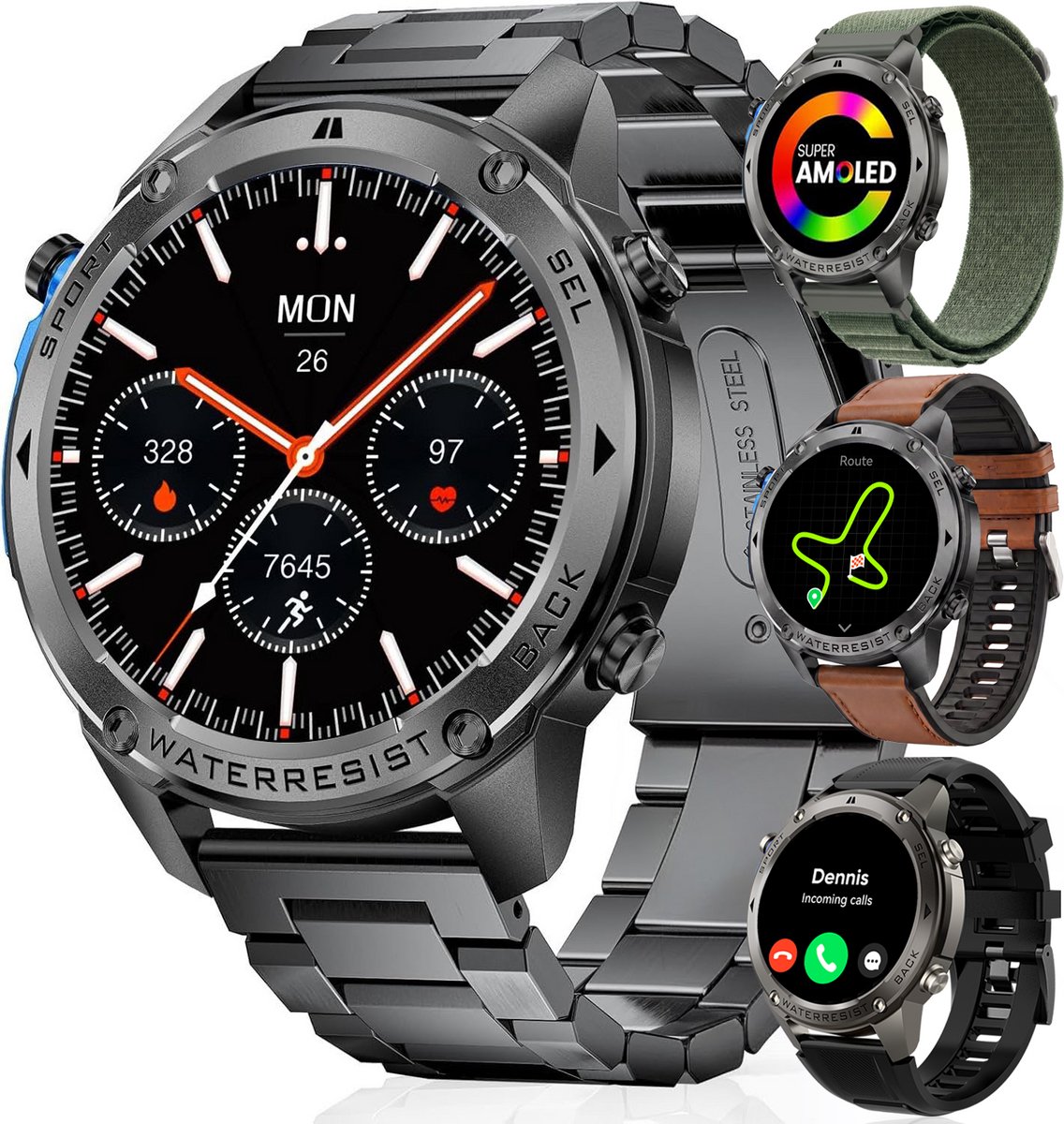 Bol.com Synyq GPS Pro - GPS Smartwatch Heren - 51mm - AMOLED Scherm - 4 Bandjes - 5ATM Waterdicht - Belfunctie - 170+ Sportmodi ... aanbieding