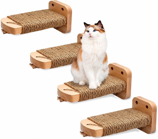 Kattentrap Voor Muur - Set Van 4 Klimplanken Voor Katten - Massief Rubberen Houten Wandplanken - Katten Klimwand Met Ligplaatsen - Belastbaar Tot 35 kg - Ruimtebesparend Kattenmeubel