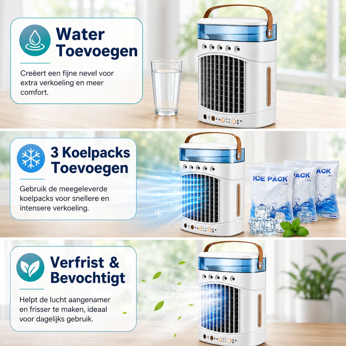 Mini Airco 4-in-1 – Draagbare Mobiele Luchtkoeler met Luchtbevochtiger – 5 Vernevelaars, 3 Nevelstanden, 2 Snelheden, Timer & LED – USB Bureauventilator Zonder Afvoerslang – Wit – foto 2