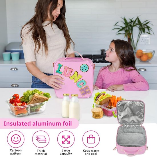VHV - Lunchbag - Geïsoleerde lunchtas met verstelbare schouderriem - Smiley koeltas voor school en picknick - Roze van Vhv — afbeelding 4