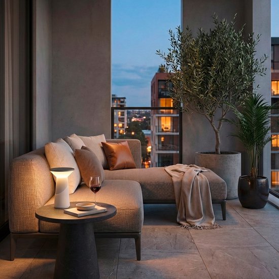 Witte Pilia tafellamp op een bijzettafel op een balkon bij een loungeset met uitzicht op de stad.