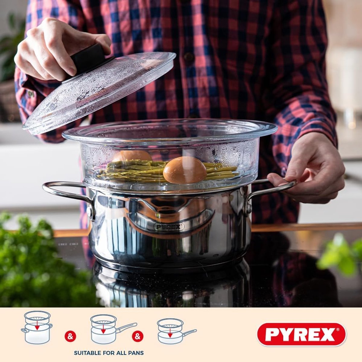 Pyrex - Steamer Basket Stoommand met Deksel Ø 20 cm 3-Delig - Transparant - Borosilicaatglas — cadeau in Kookcadeaus - foto 4