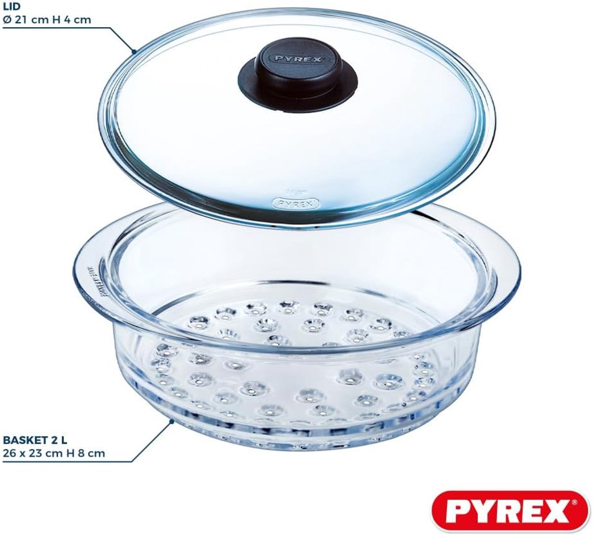 Pyrex - Steamer Basket Stoommand met Deksel Ø 20 cm 3-Delig - Transparant - Borosilicaatglas — cadeau in Kookcadeaus - foto 2