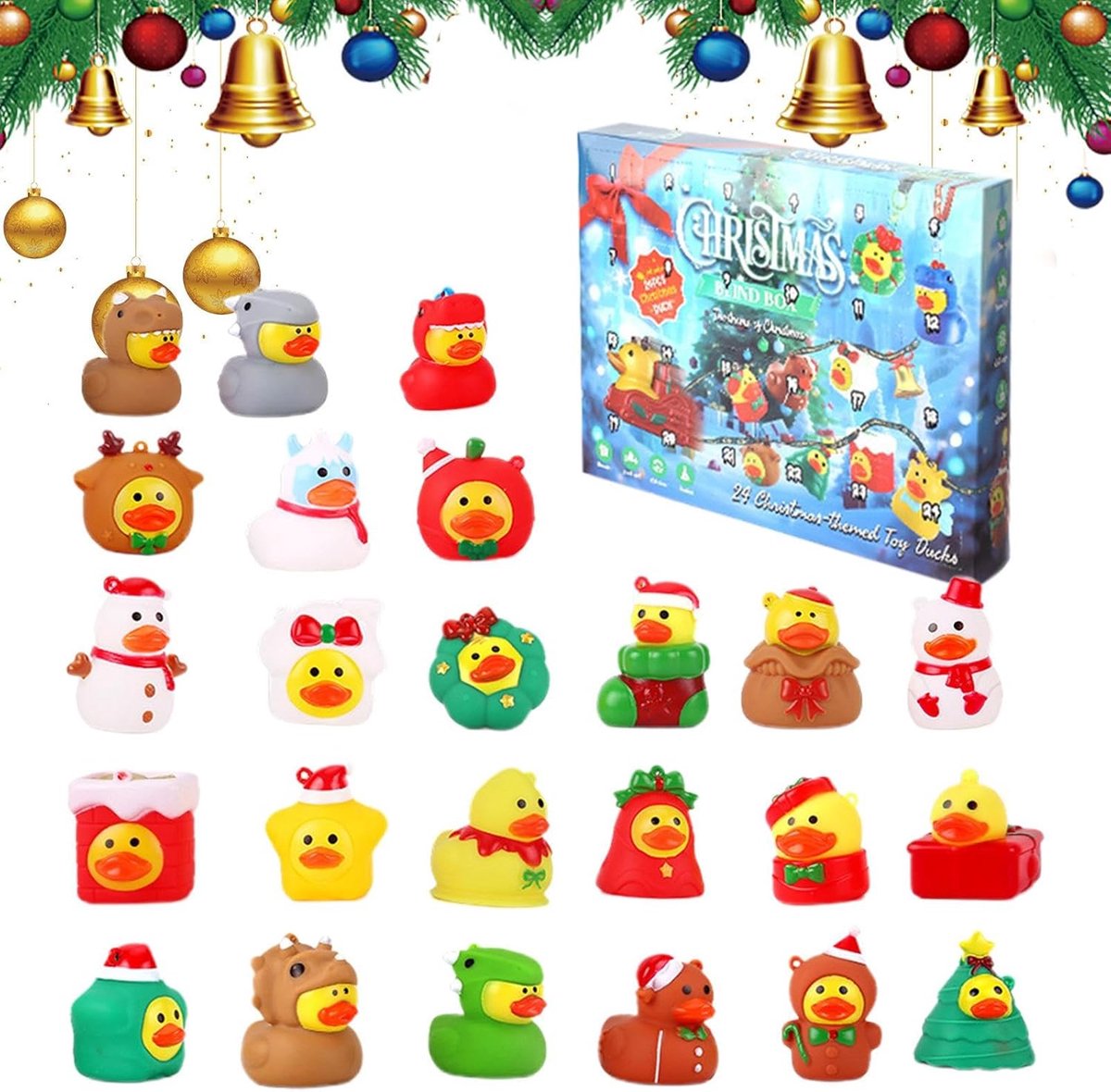 Eendenkalender Adventskalender - Kerst Speelgoed - Dagelijks Verrassingen - 24 Badeendjes - 32 x 235 x 55 cm - Multicolor