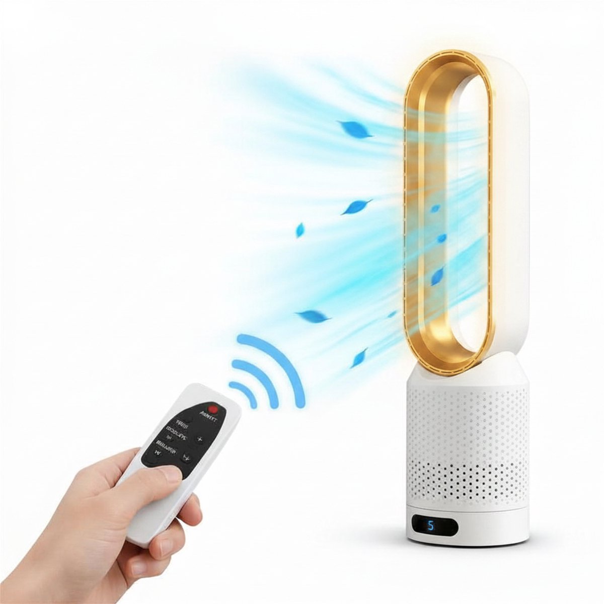 HomeGoodies Bladloze Ventilator met Afstandsbediening – Stil – 8 standen - 90° Oscillatie & Timer – Slaapkamer & Woonkame - Goud