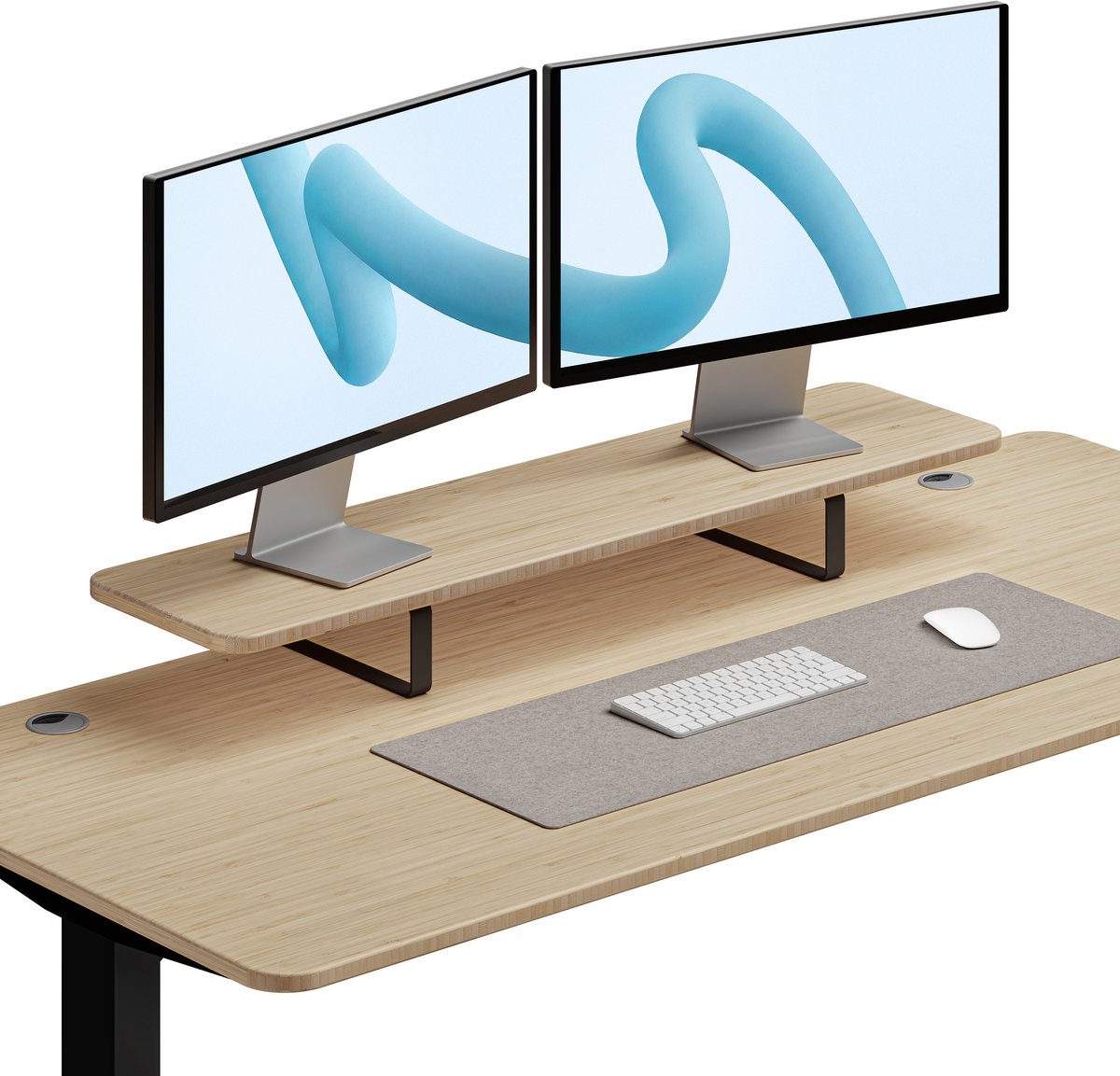 Desktronic Monitorstandaard 2 Schermen Zwart/Bamboe - Monitor Verhoger Hout - 114 x 28 cm
