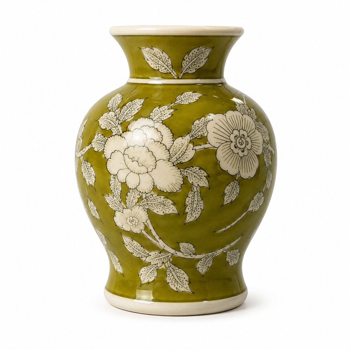 Porseleinen Bloemenvaas Groen Wit Bloemmotief – Chinoiserie Stijl – Ø 15 × H 18 cm