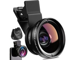 Clip Lens - 2 in 1 Universele lens clip - Met2 opzetstukken en Etui - 0,45x wide lens - Macro lens - Smartphone Lens - Mobiele telefooncameralens clip-on lenskit - Clip-on Telefoonlens geschikt voor iPhone & Android - Voor Reis & Autofotografie