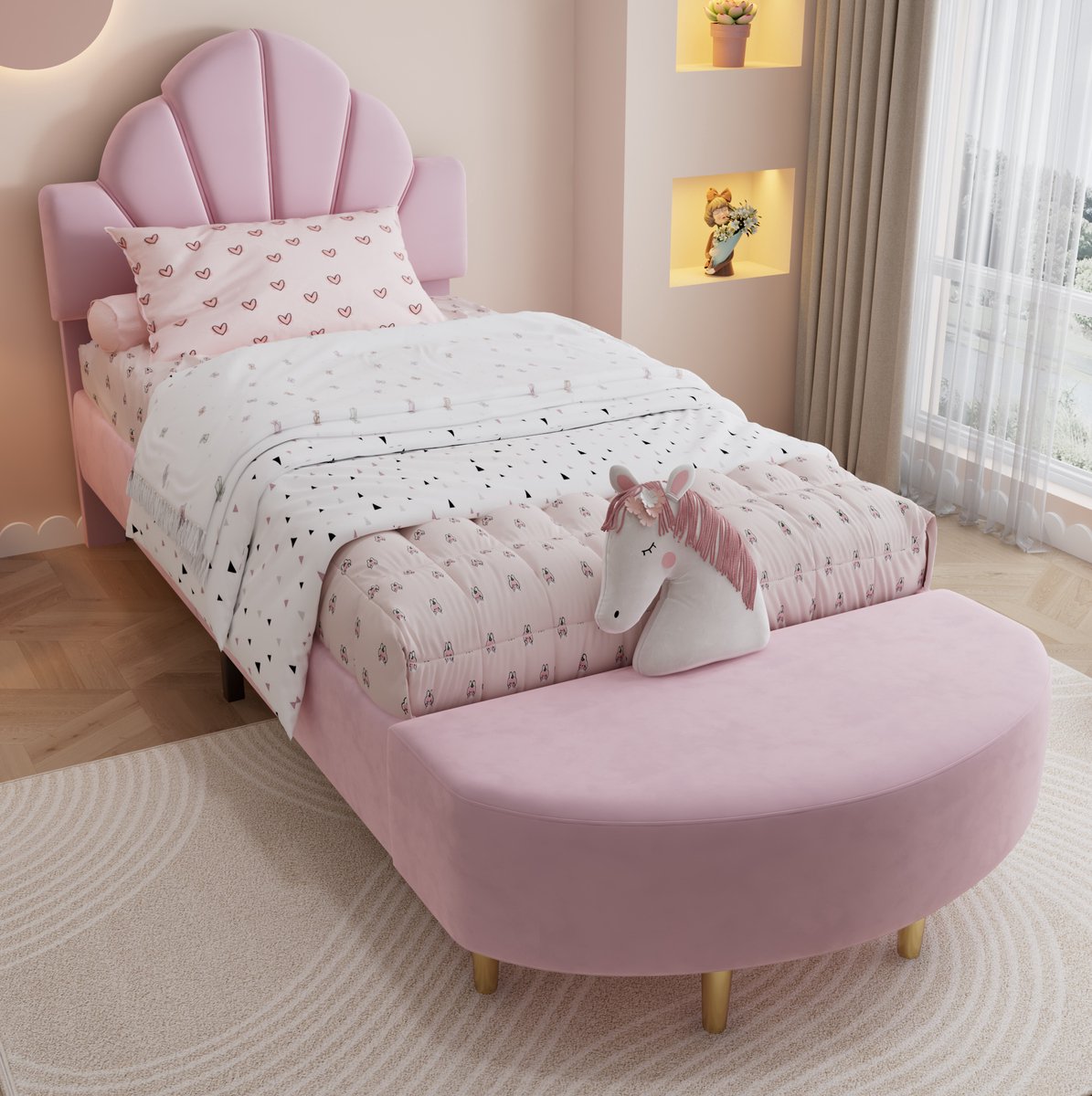 MEUNIQ gestoffeerd eenpersoonsbed 90x200 cm met fluwelen hoofdbord, bedbank in dezelfde kleur, zachte stootrand, lattenbodem en stabiel bedframe voor slaapkamer Roze