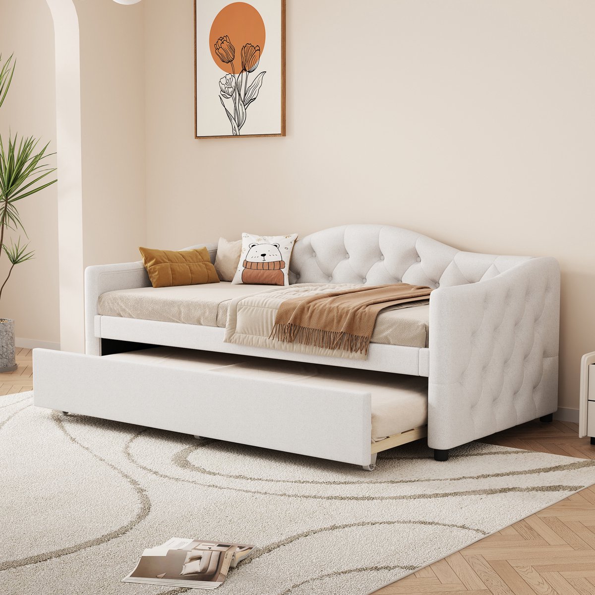 MEUNIQ Bedbank 90x200 cm met uitschuifbed 90x190 cm, dagbed en eenpersoonsbed zonder matras, linnen en MDF, beige, voor slaapkamer of woonkamer
