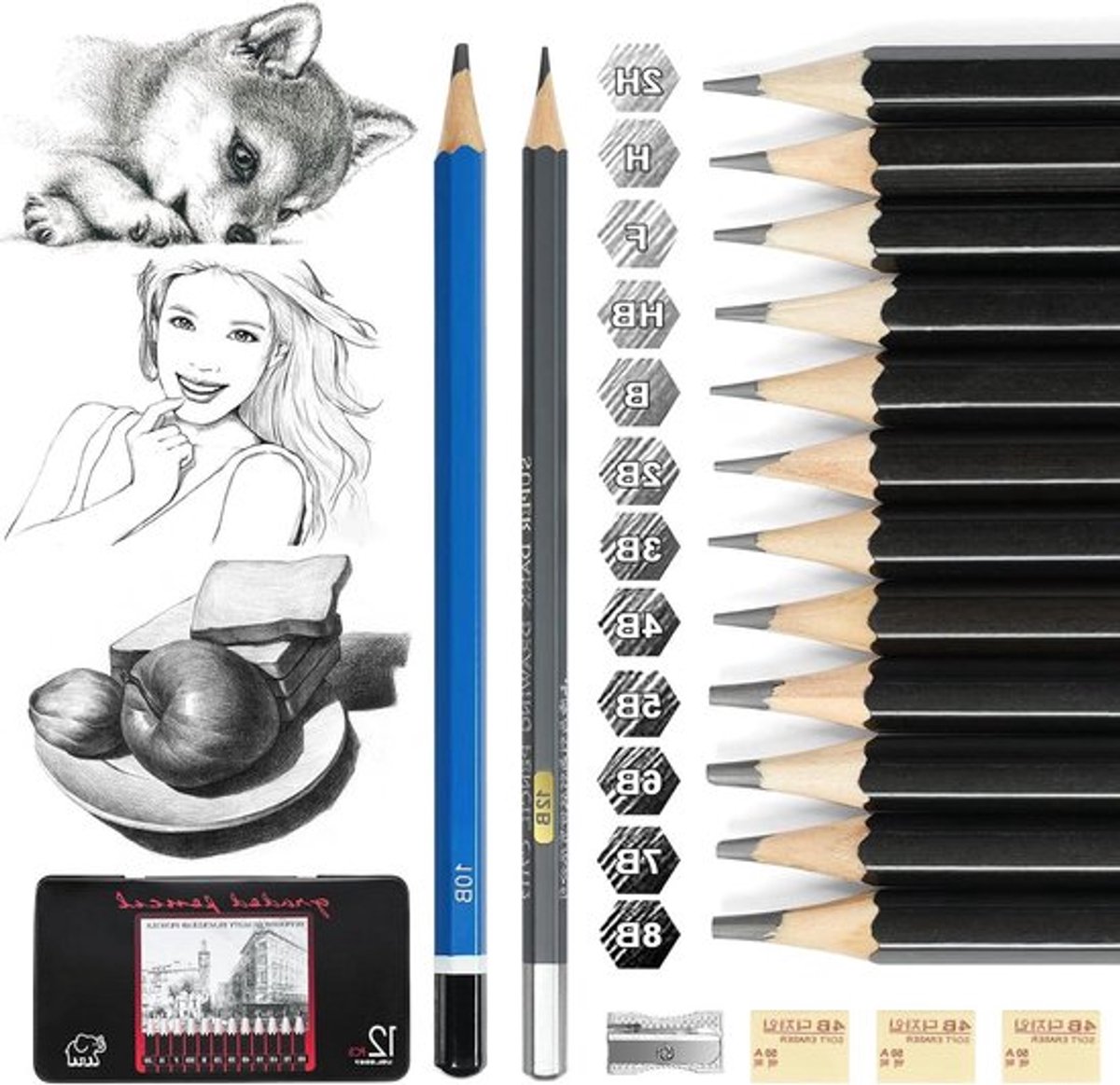 Allecto Plus - Schets Set met 14-delige Potloodset in Metalen Blik voor Beginners