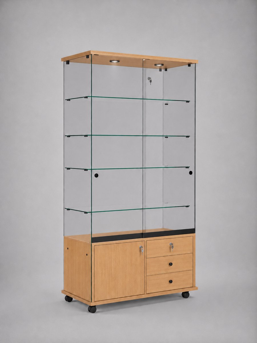 Vitrine Floatline Volglas Elegance 6 OPVB met onderkast Beuken en Plafondverlichting
