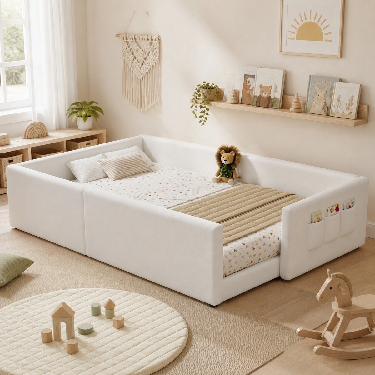MEUNIQ kinderbed 140x200 cm met omrand ontwerp, 3 opbergzakken en lattenbodem, gestoffeerd bed van kunstleer en multiplex voor kinderkamer, wit