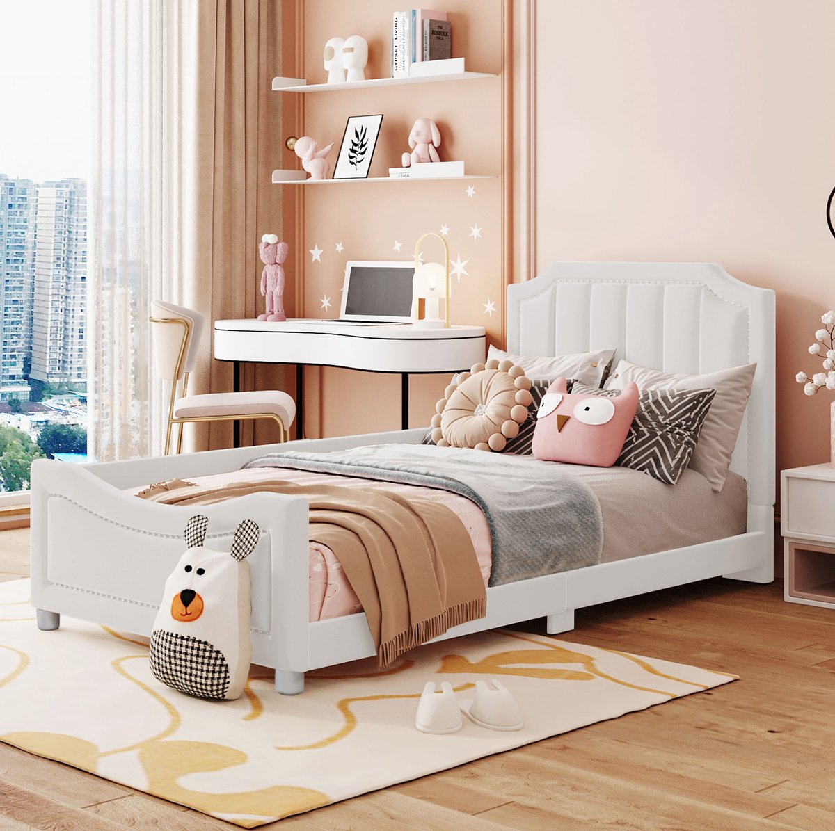 MEUNIQ kinderbed 90x200 cm met rugleuning, hoofd- en voetbord, 12 latten, flanel bekleding, bedframe voor slaapkamer of woonkamer, beige Wit