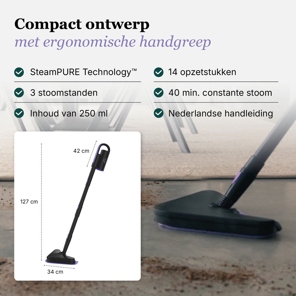 Motionflow 16-in-1 Stoomreiniger - Handstomer voor diepte reiniging vloer, bank, badkamer en tapijt - Elektrische Dweil - Stoomdweil - Tapijtreiniger en Vlekkenreiniger - Steam Cleaner Zwart – foto 8