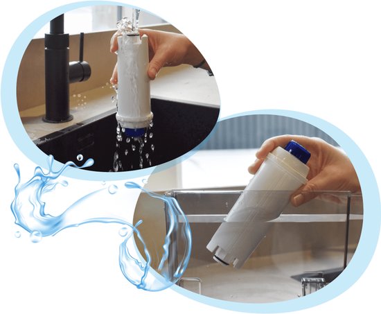 Illustratie van het De'Longhi waterfilter dat onder de kraan wordt gespoeld en in een tank wordt geplaatst.