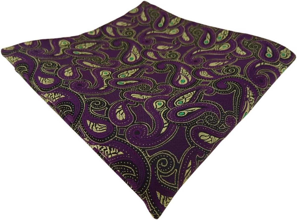 Zakdoek Heren - Accessoire Stijlvol - Feestelijke Outfit - Paisley Patroon - 25x25cm - Paars Goud Groen Zwart