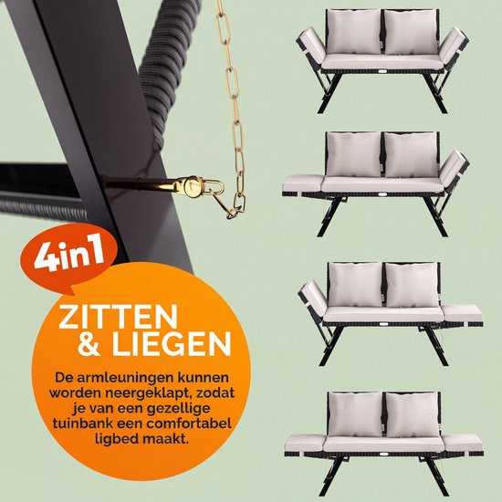 Zwarte polyrottan 4-in-1 tuinbank met crèmekleurige kussens, verstelbaar tot ligbed.
