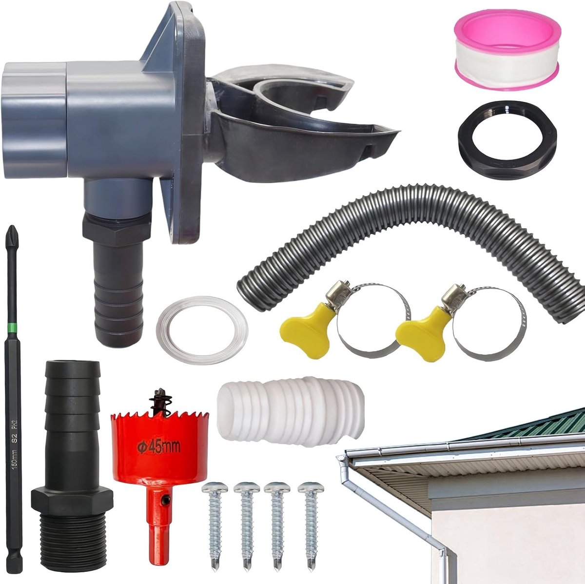 Regenton Omleidingsset - Dakgoot Adapter - Water Besparen - Onderhoudsvrije Zeef - 70-110 mm - Meerkleurig