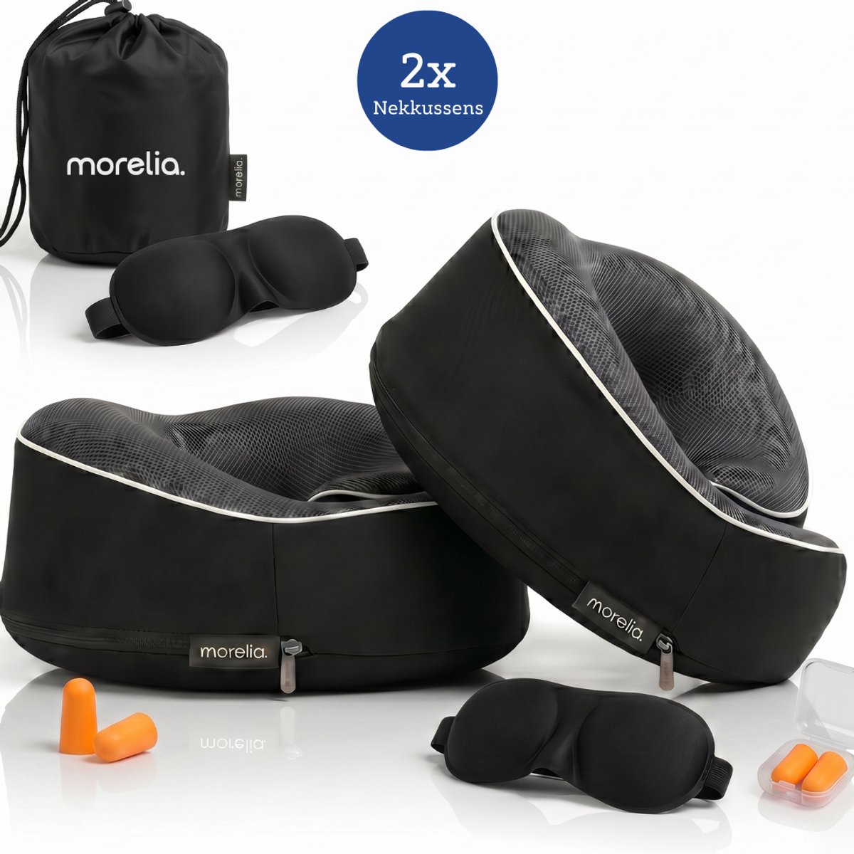 Bol.com Morelia® 2x Volledige Set Nekkussen Zwart - Luxe Reiskussen voor het Vliegtuig en de Auto - Traagschuim aanbieding