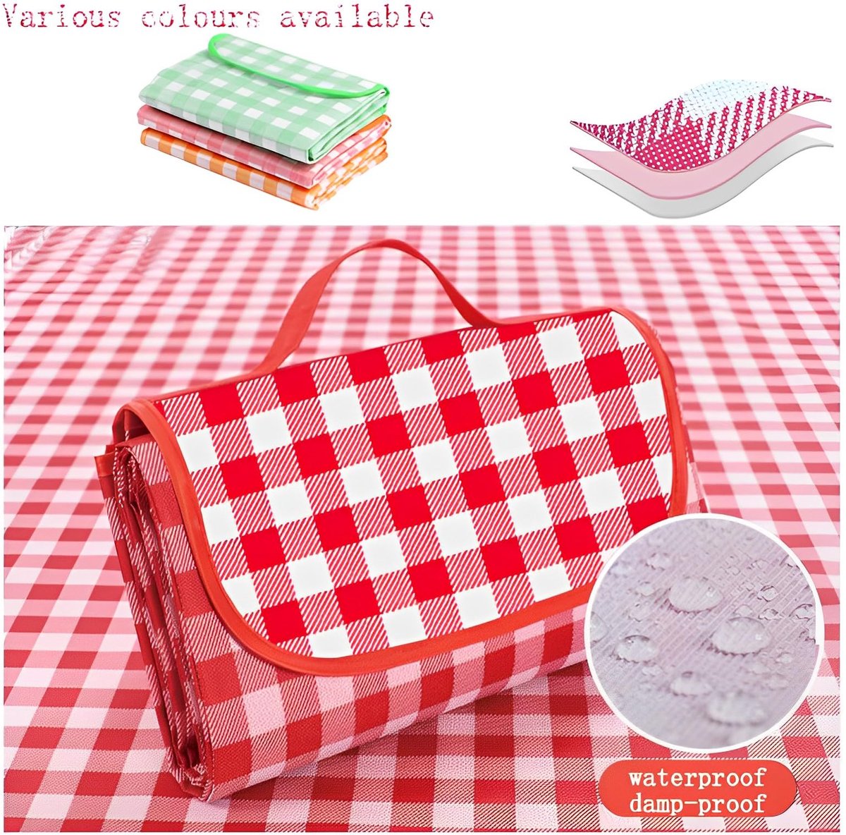 Picknickkleed 300 x 200 cm - Opvouwbaar - Wasbaar - Met Draaggreep - Rood Geruit - Voor Strand, Picknick, Camping, Wandelen, Reizen & Par