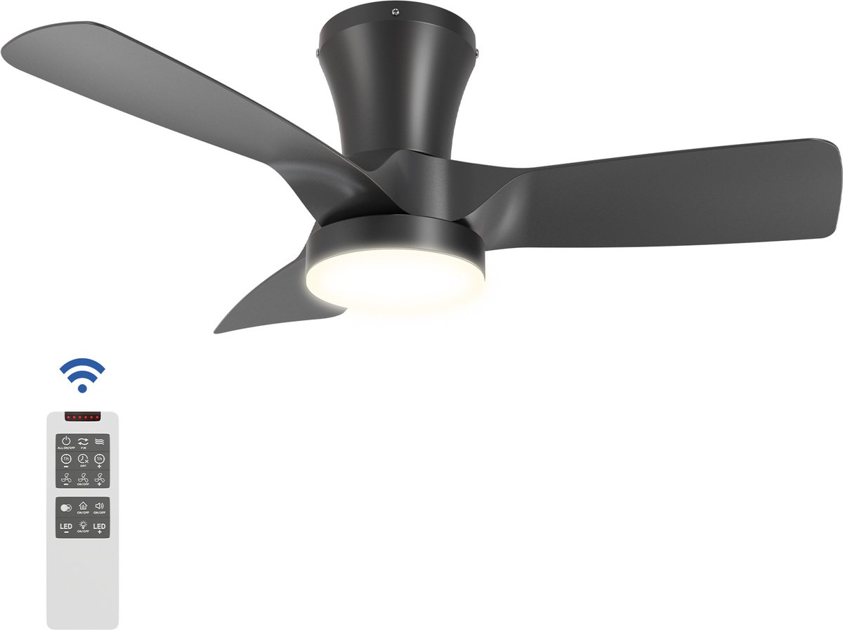 Epochglo Plafondventilator met Verlichting 80,4cm - APP/Afstandsbediening - Stille DC Motor - 6 Standen - Zomer- en Winterstand - 22W LED Lamp Dimbaar 3000-6000K - Geheugenfunctie - Timer - Plafondlampen met ventilator Zwart voor Woonkamer Slaapkamer