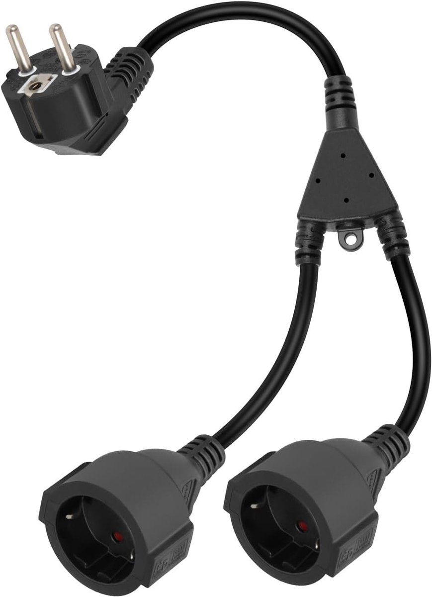 Geaarde verlengkabel - Zwart - Dubbel Schuko stopcontact - 90° Hoekdesign - Voor Thuis en Kantoor