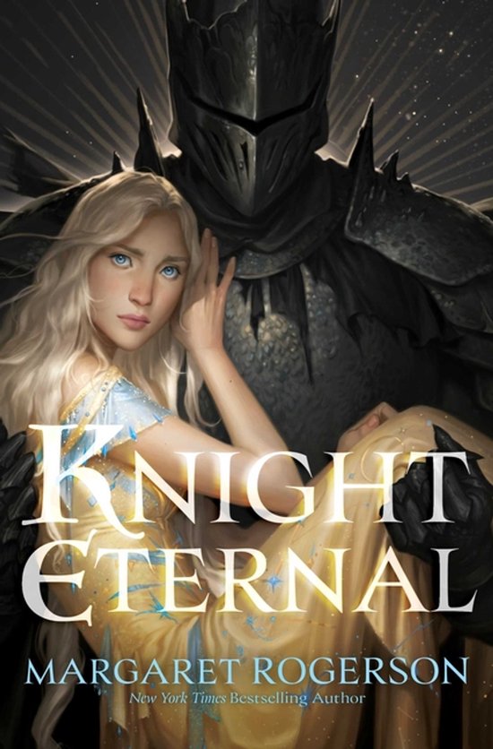 Een blond meisje met een gele jurk wordt vastgehouden door een ridder in zwart harnas. De titel 'Knight Eternal' is in blauwe letters geschreven.
