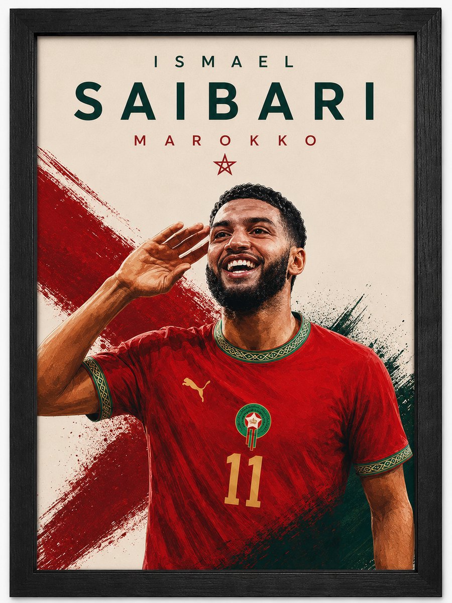 Joshimo Ismael Saibari Poster | Marokko Art Print | Voetbal Illustratie | Inclusief Zwarte A4 Lijst