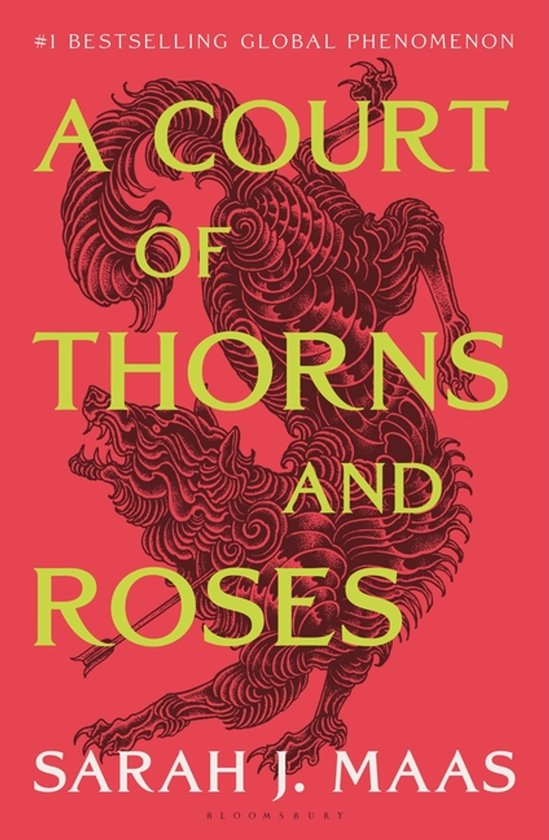 Boekcover van "A Court of Thorns and Roses" met een roodroze achtergrond en een gedetailleerde tekening van een wolfachtig wezen in donkerrood.