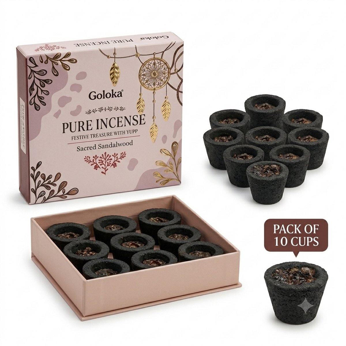 Goloka All-In-One Houtskool Cups x 10 – Houtskoolbekers voor Wierook, Kruiden & Hars – Ideaal voor Wicca, Puja Rituelen, Meditatie, Yoga & Spirituele Reiniging Met Kajal Sticker