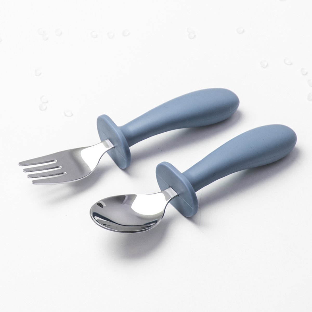 Babyservies set, 4-delige kinderlepel- en vorkenset, roestvrij staal en voedselveilig siliconen, kinderservies set,blauwgrijs