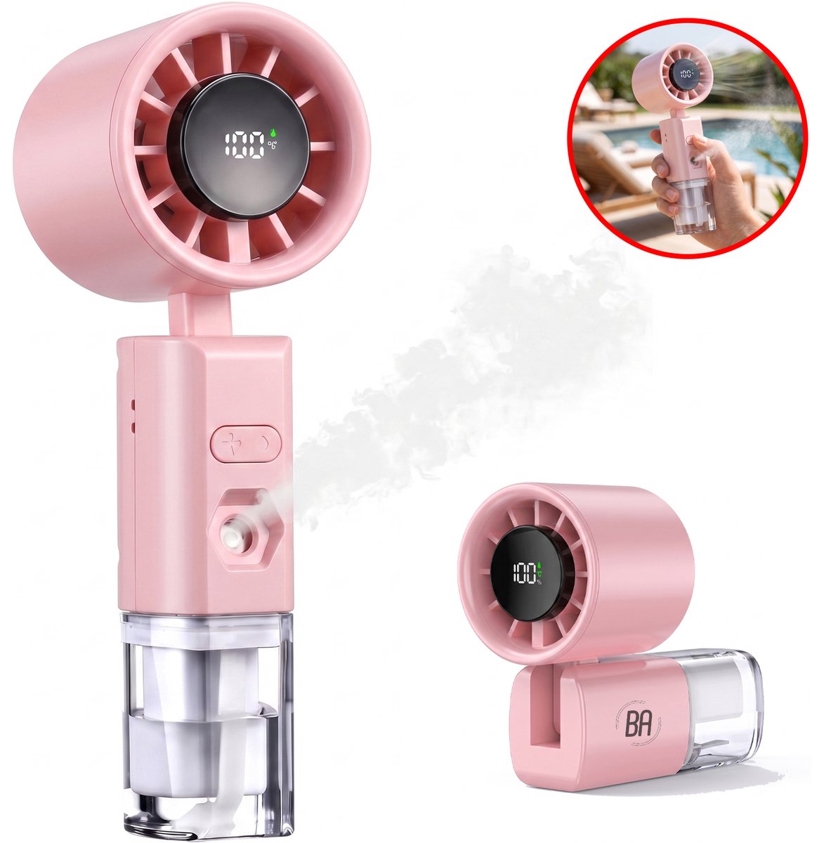 Best Active Mini Handventilator met Verneveling - Kleine Ventilator Oplaadbaar - Draagbare Handventilator met Digitaal Display - 6 Standen - Voor Thuis, Kantoor & Onderweg - Roze