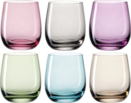 Six verres colorés en deux rangées: rose, gris, rose, vert, bleu et beige.
