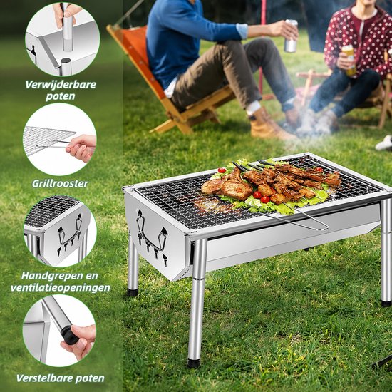 NAXSIR Opvouwbaar Houtskoolbarbecue - Draagbare BBQ Grill - Houtskool Barbecue - RVS - 40x28x22 cm - Verstelbare Poten van naxsir — afbeelding 5