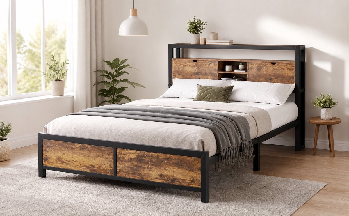 HAUSS SPOLE Metalen Bed 140x200 cm - Tweepersoonsbed Met Opberg Hoofdbord En Bedruimte - Zonder Matras - Houtlook - Naturel