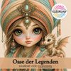 Meisje met draak, "Oase der Legenden" kleurboek. Turquoise en perzik met gouden versieringen.
