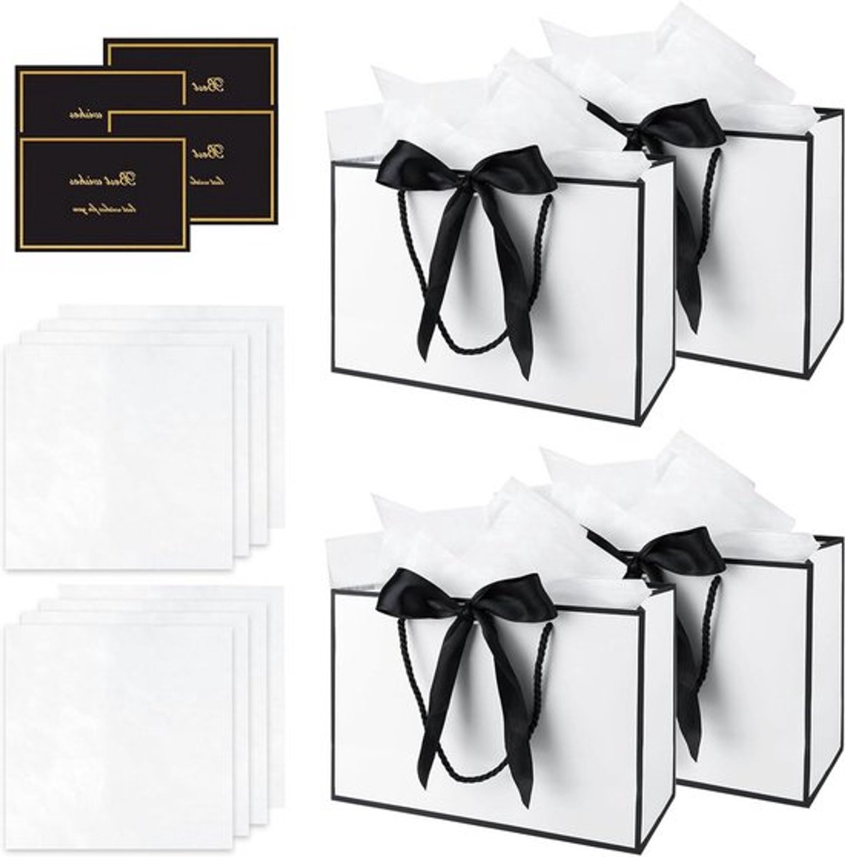 Geschenkzakjes met linten, wenskaarten en zakdoeken - Inovra Plus