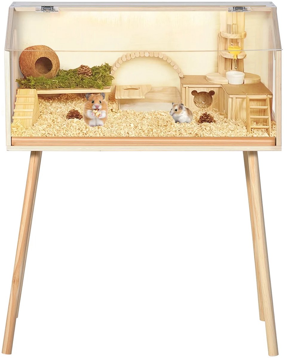 RosaBloom Hamsterkooi - Knaagdierenkooi - Verhoogd model - Panoramisch acrylvenster - Openklapbaar dak - 81x41x102cm - Hout en Acryl - Naturel