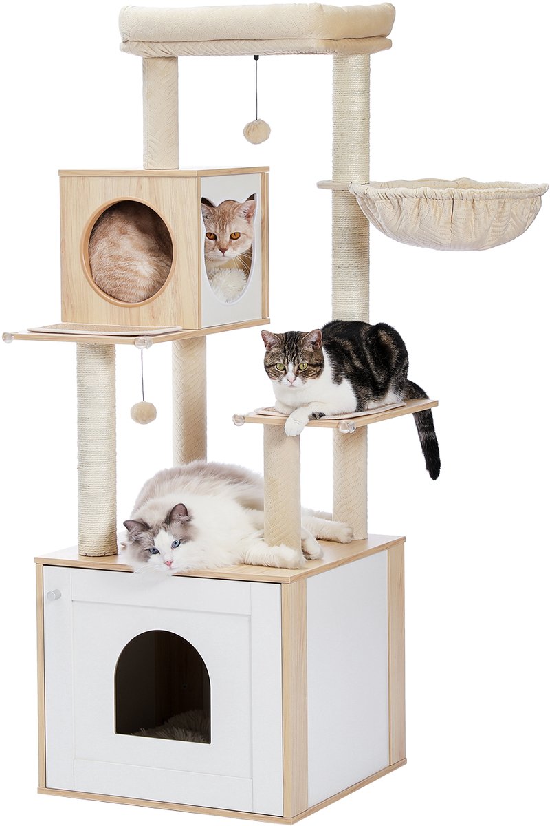 QUESTYR - Krabpaal - 144 CM - Alle Katten - Hangmat + Speelballen - Kattenbak‑kast - Houten Toren - Beige