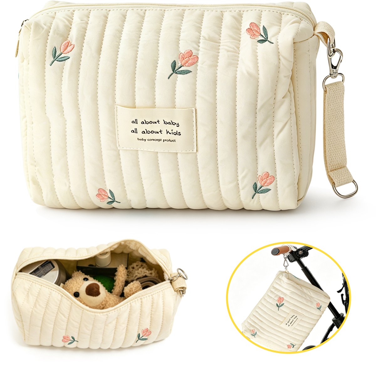 Universele Baby-organizer – Luiertas voor pasgeborenen – Mini-luiertasje – Organizer voor moeders – Met ritssluiting – Geborduurd patroon – 25 x 17 x 10 cm