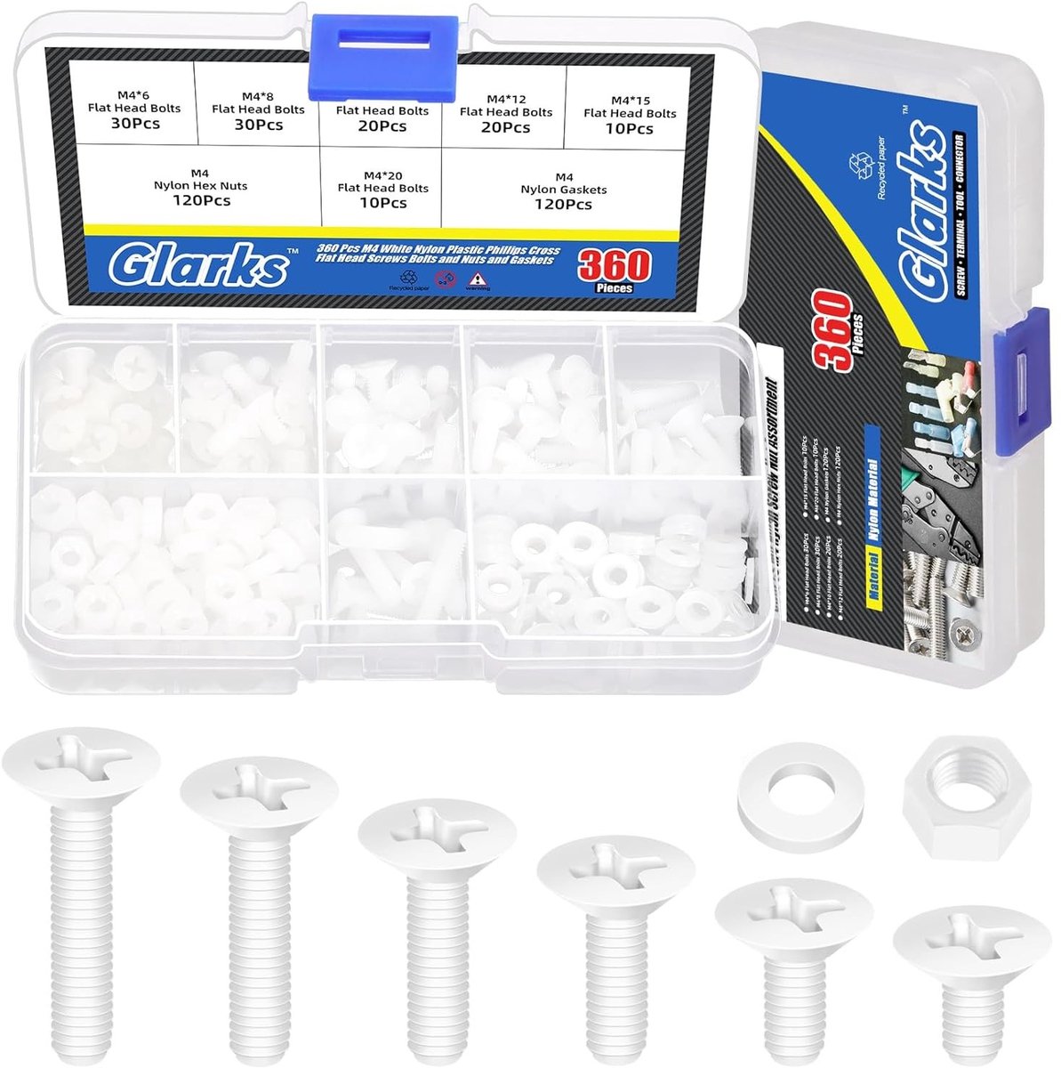 360 Stuks M4 Nylon Schroeven in Diverse Lengtes van 6 tot 20mm - Wit, Plat Hoofd, Geschikt voor Machines en Klussen